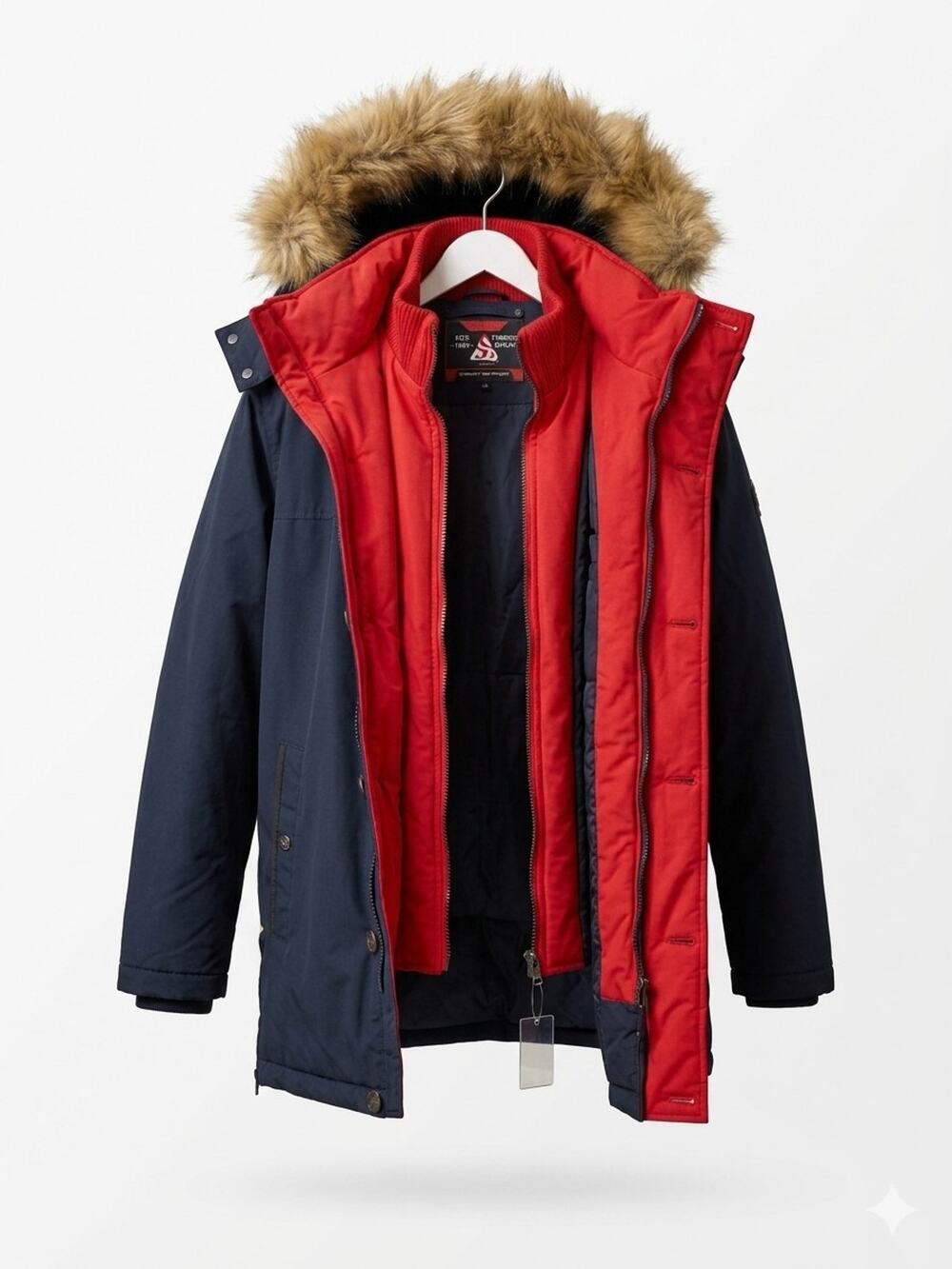 SPIRE by Galaxy Aviator Heavyweight Coat Navy Blue Detachable Faux Fur Hood #MO
